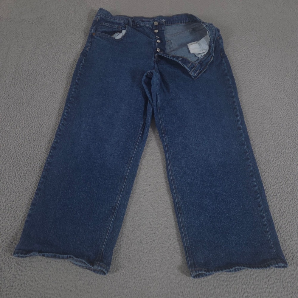 Old Navy Jeans Womens 16 Petite Blue Mid-Rise Slouchy Wide-Leg Button Fly Denim